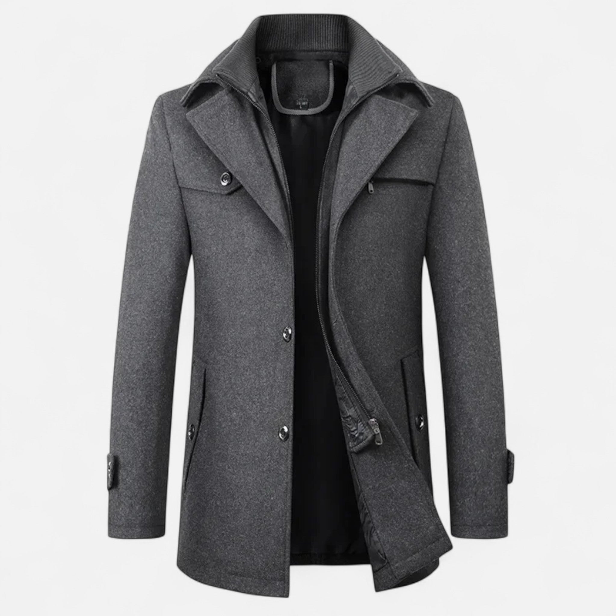 Men's mid-length coat with stand collar, double fastening and pockets