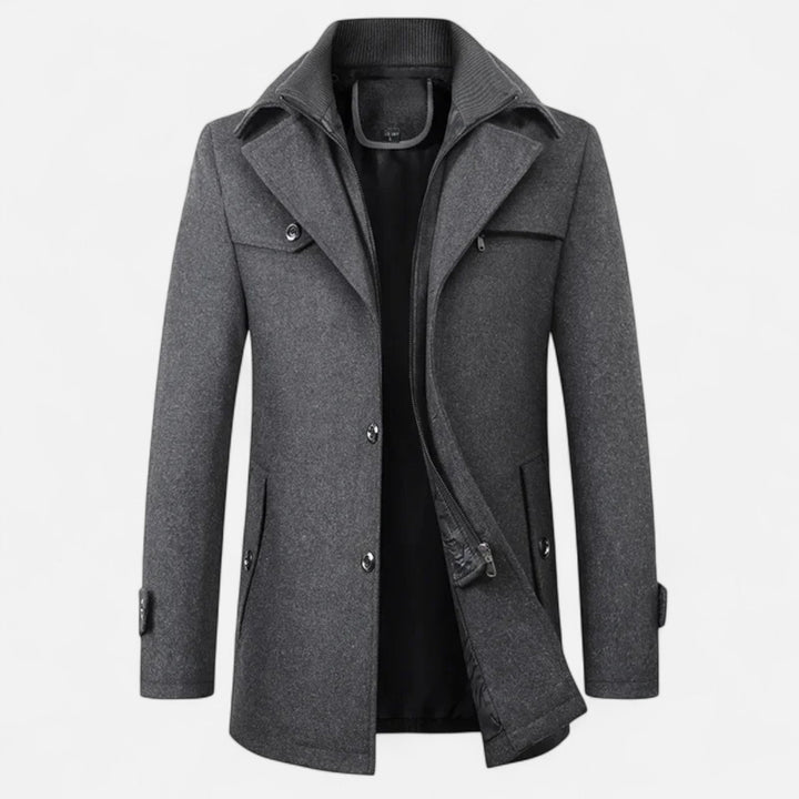 Men's mid-length coat with stand collar, double fastening and pockets