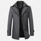 Men's mid-length coat with stand collar, double fastening and pockets