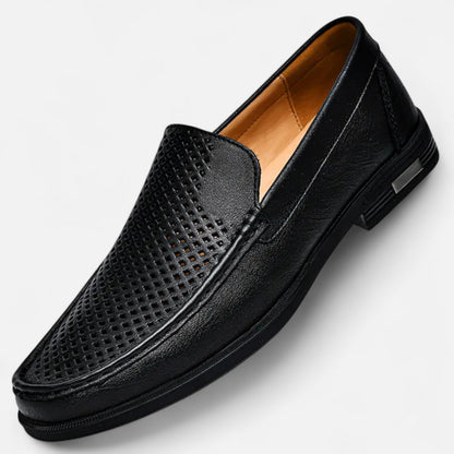Men's perforated slip-on loafer with moc toe stitching and low heel