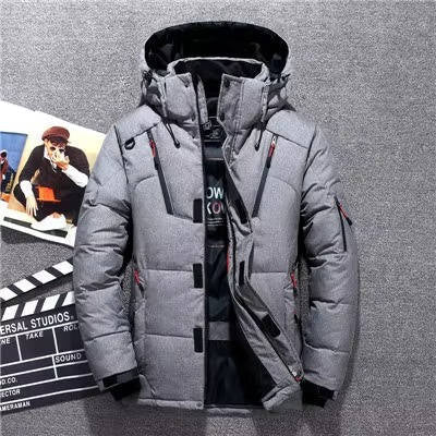 Men's quilted hooded winter parka with multiple zip pockets