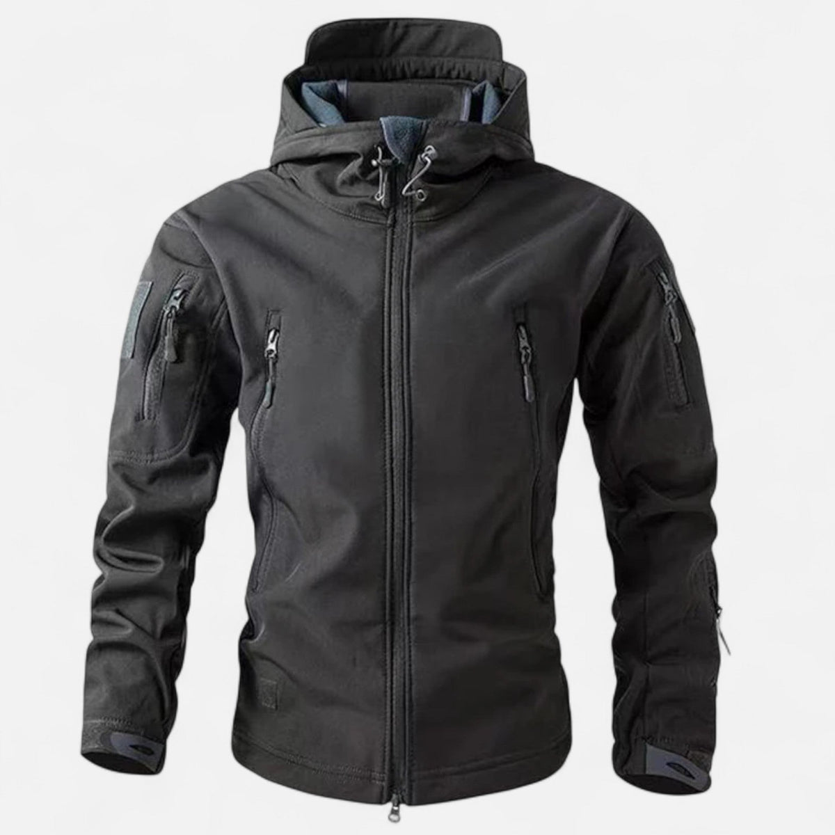 Men's hooded softshell jacket with long sleeves, zipped pockets and full zip front