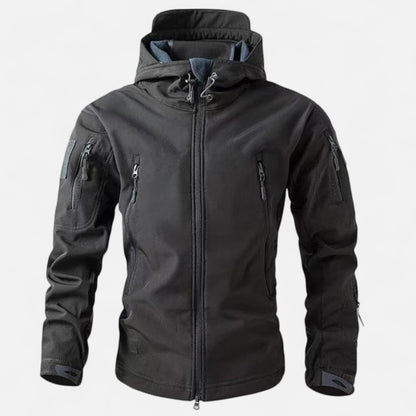 Men's hooded softshell jacket with long sleeves, zipped pockets and full zip front