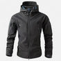 Men's hooded softshell jacket with long sleeves, zipped pockets and full zip front