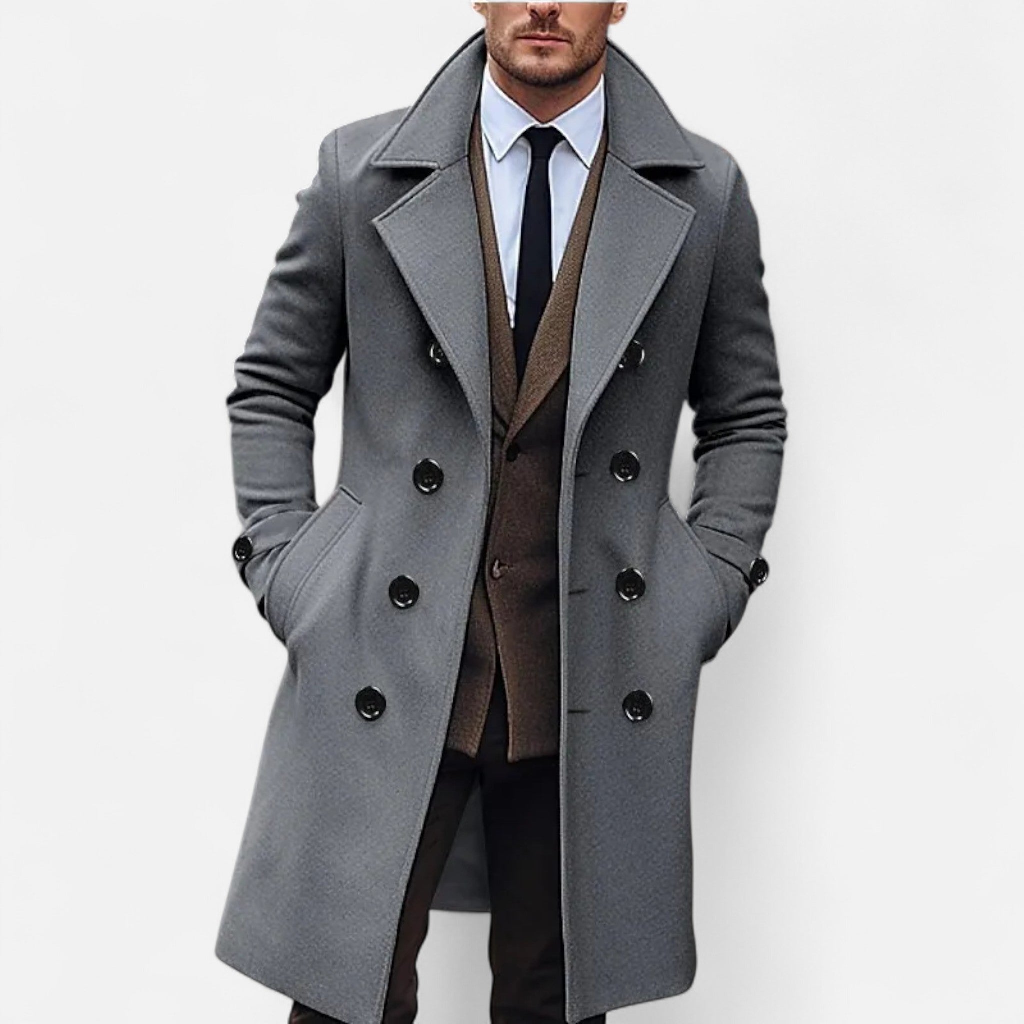 Men's long double-breasted overcoat with notched lapels and button details