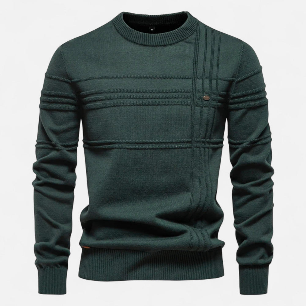 Men's striped crew neck sweater with long sleeves and ribbed trims