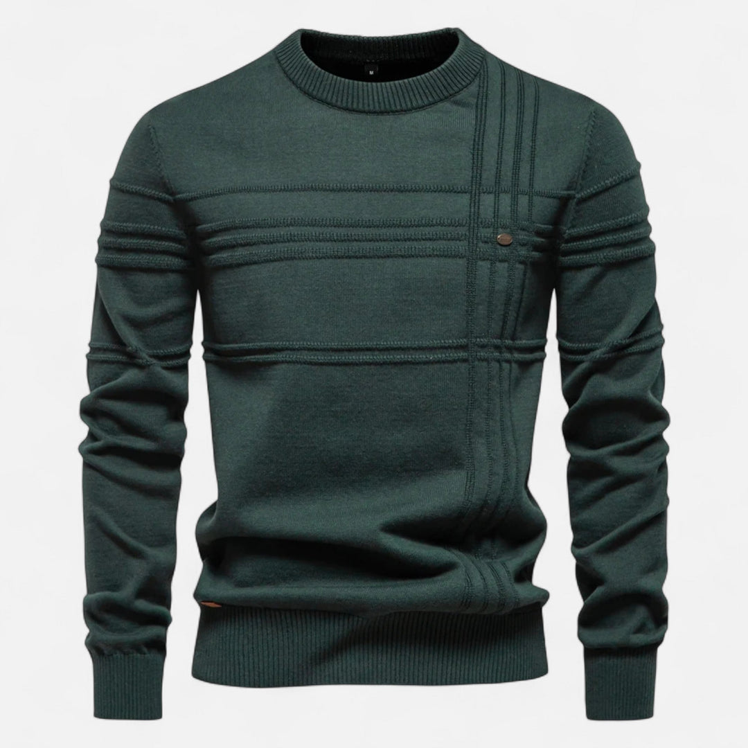 Men's striped crew neck sweater with long sleeves and ribbed trims