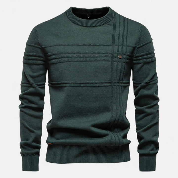 Men's striped crew neck sweater with long sleeves and ribbed trims