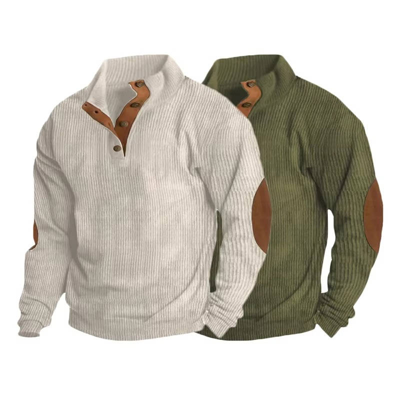 Men's ribbed button-neck jumper with contrasting elbow patches