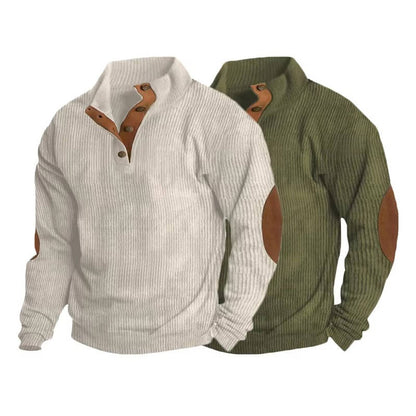 Men's ribbed button-neck jumper with contrasting elbow patches