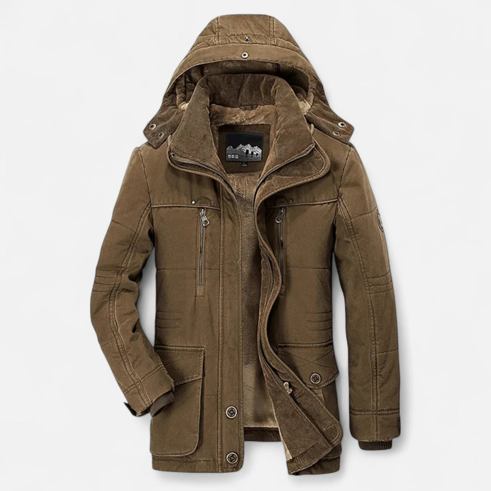 Men's padded hooded parka jacket with utility pockets and zip fastening