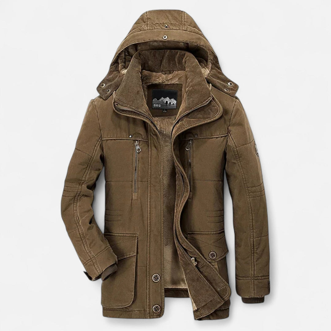 Men's padded hooded parka jacket with utility pockets and zip fastening