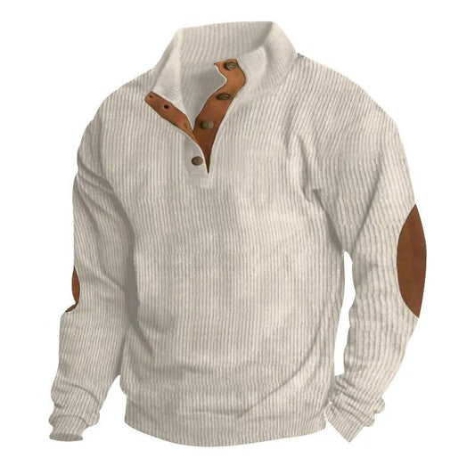 Men's ribbed button-neck jumper with contrasting elbow patches