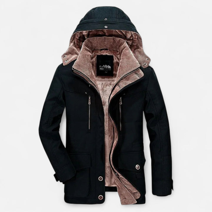 Men's padded hooded parka jacket with utility pockets and zip fastening