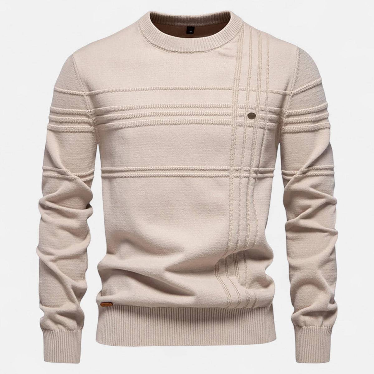 Men's striped crew neck sweater with long sleeves and ribbed trims