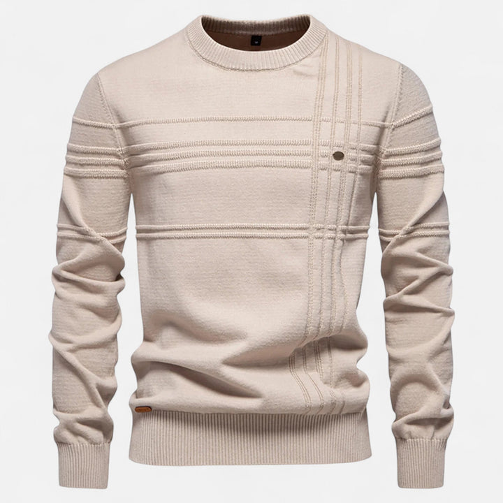 Men's striped crew neck sweater with long sleeves and ribbed trims