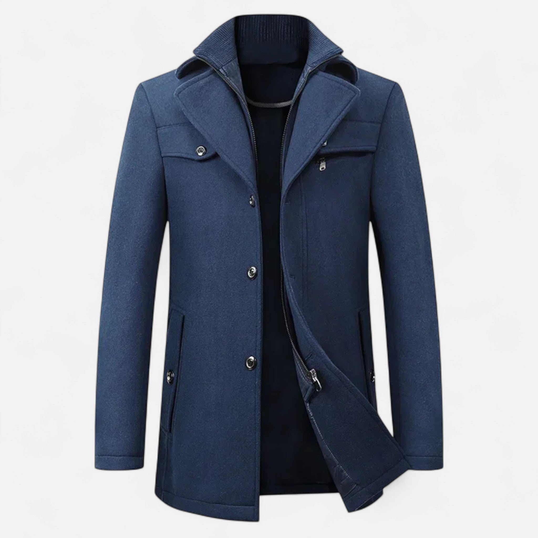 Men's mid-length coat with stand collar, double fastening and pockets