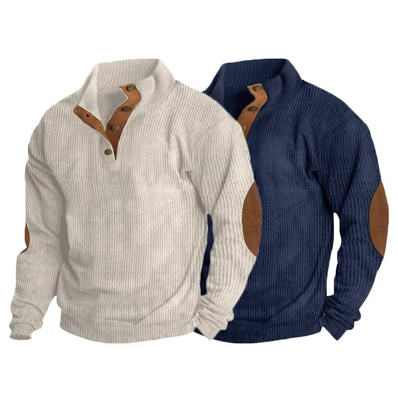 Men's ribbed button-neck jumper with contrasting elbow patches