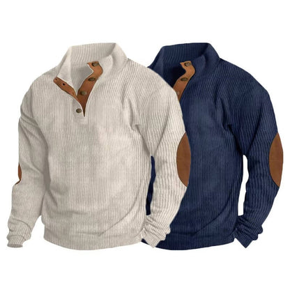 Men's ribbed button-neck jumper with contrasting elbow patches