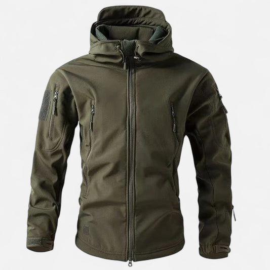 Men's hooded softshell jacket with long sleeves, zipped pockets and full zip front