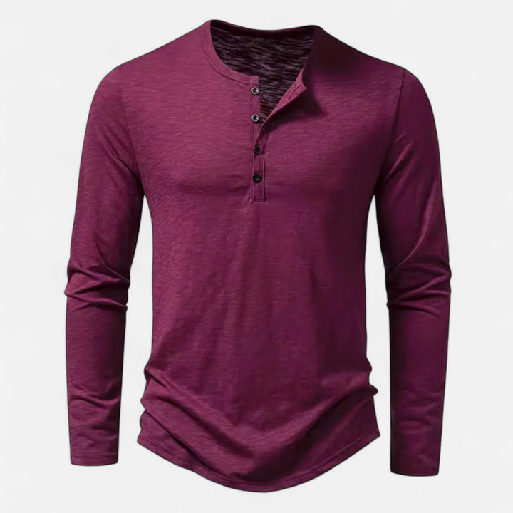 Men's long sleeve Henley shirt with band collar and button placket