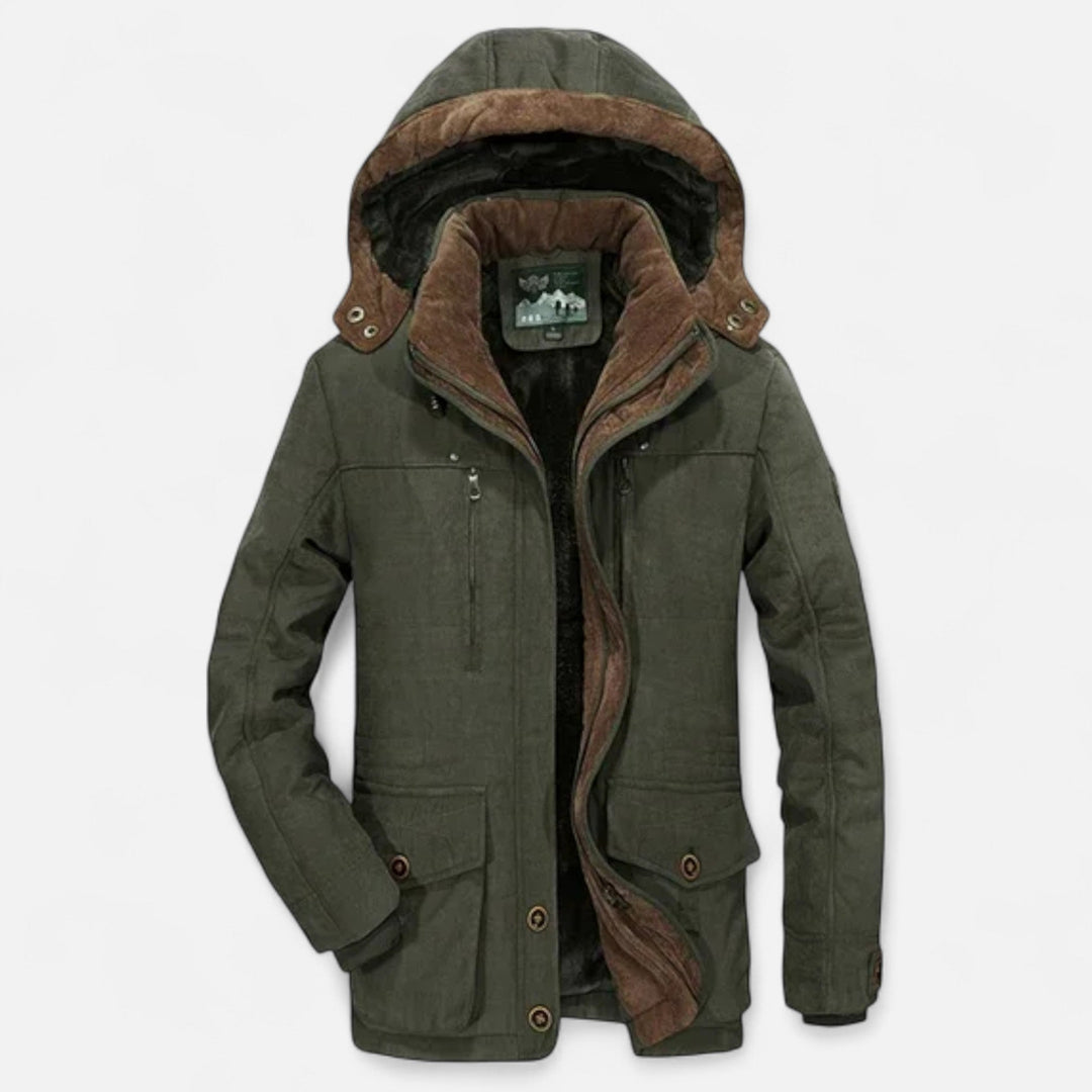 Men's padded hooded parka jacket with utility pockets and zip fastening