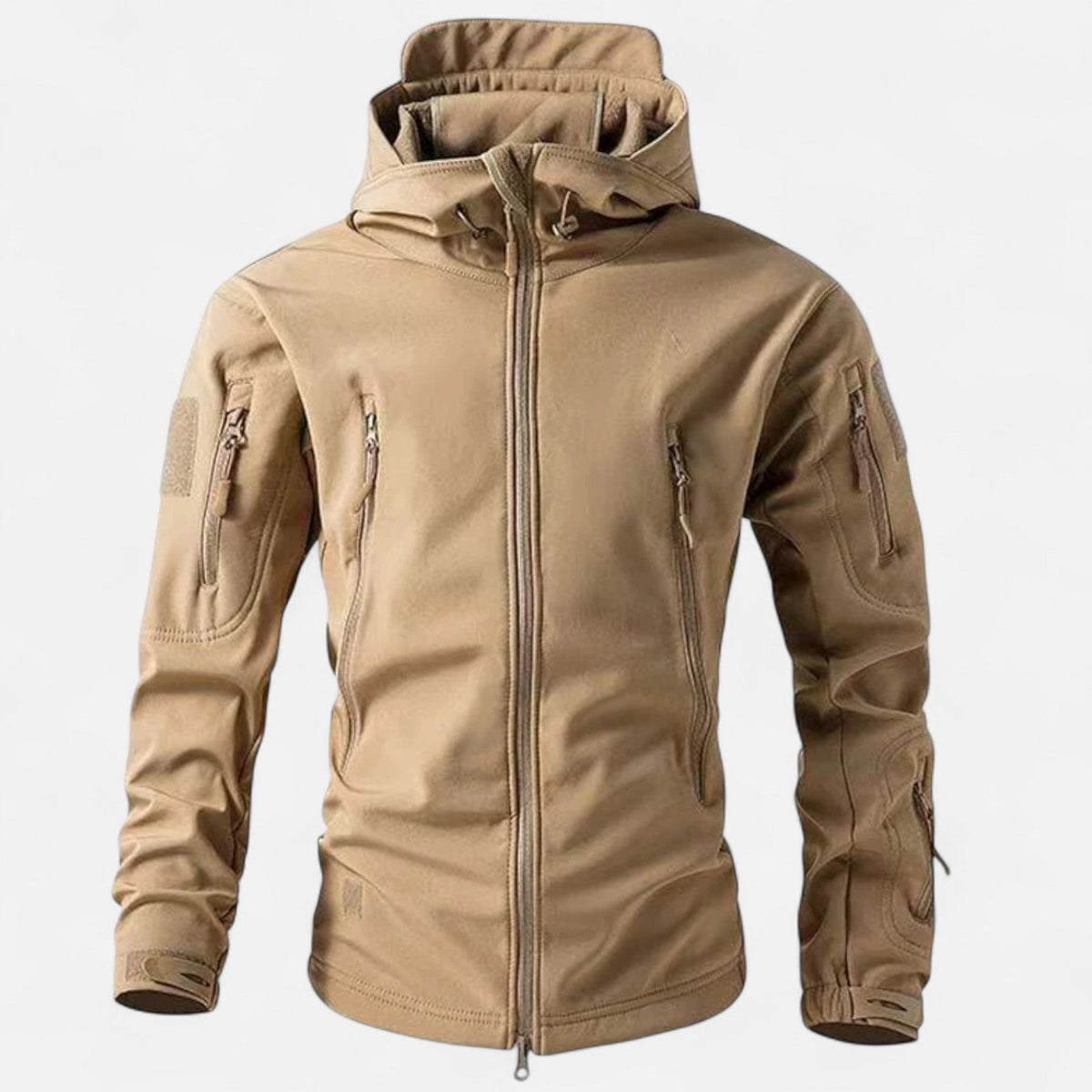 Men's hooded softshell jacket with long sleeves, zipped pockets and full zip front