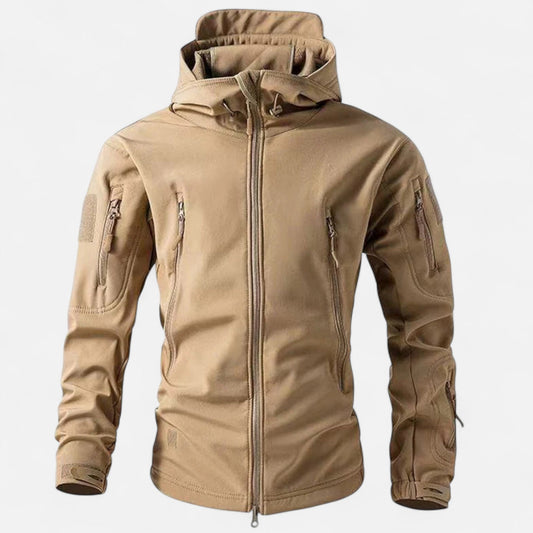 Men's hooded softshell jacket with long sleeves, zipped pockets and full zip front