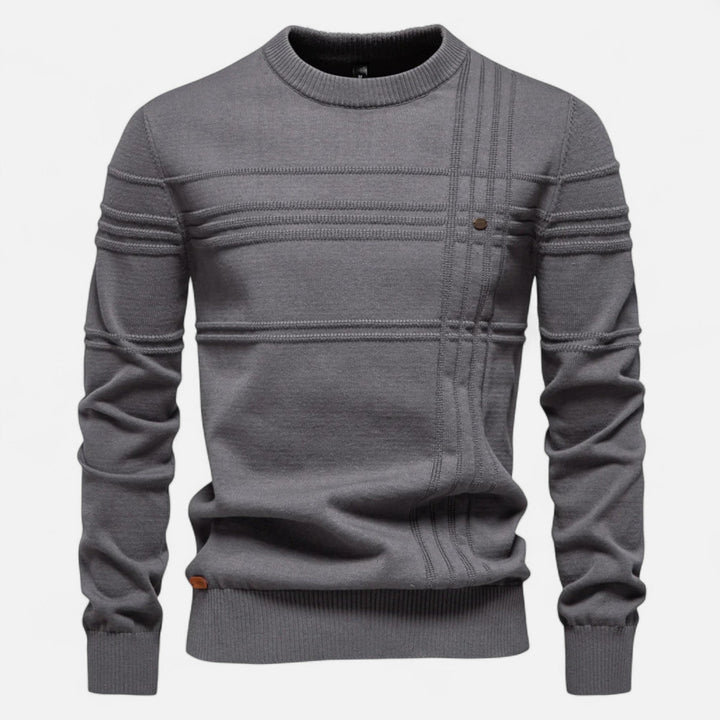 Men's striped crew neck sweater with long sleeves and ribbed trims