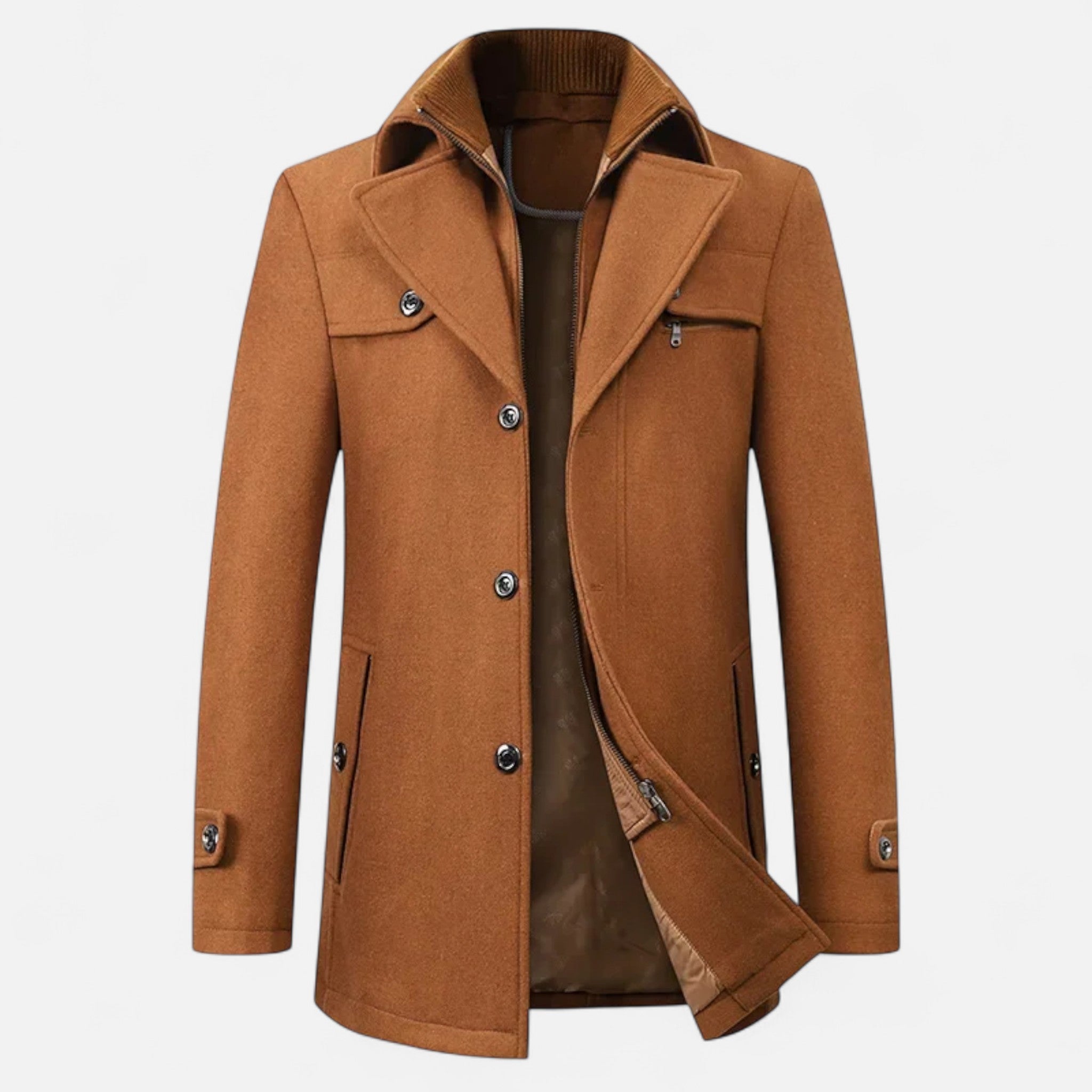 Men's mid-length coat with stand collar, double fastening and pockets