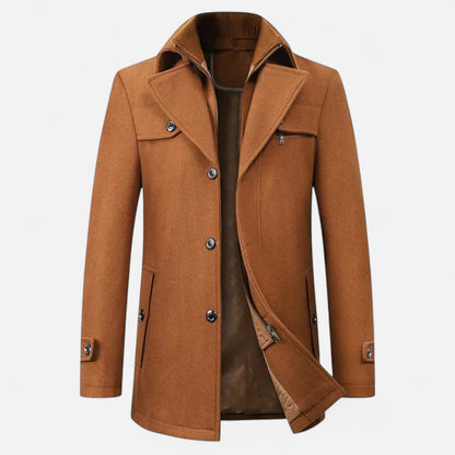 Men's mid-length coat with stand collar, double fastening and pockets