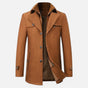 Men's mid-length coat with stand collar, double fastening and pockets