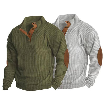 Men's ribbed button-neck jumper with contrasting elbow patches