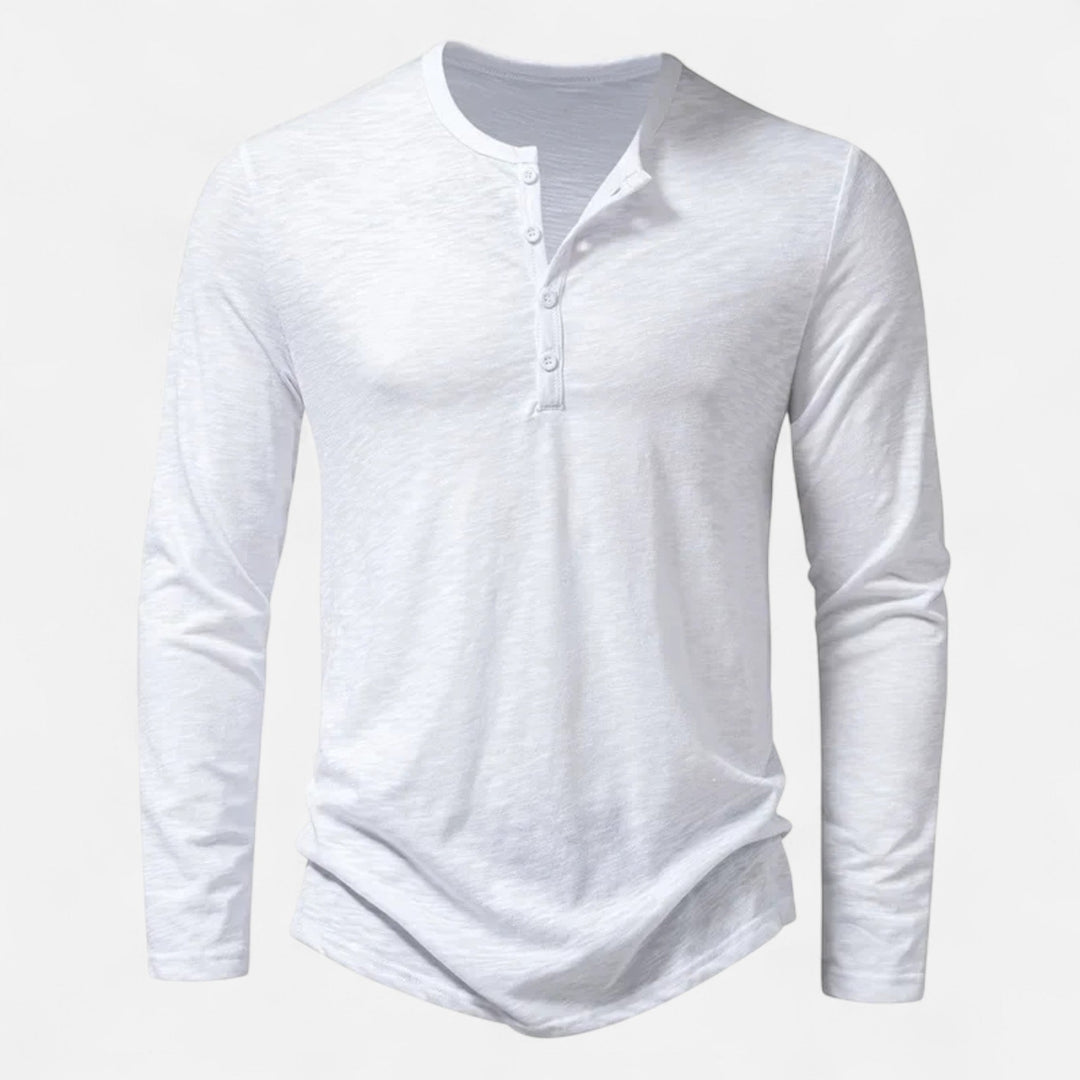 Men's long sleeve Henley shirt with band collar and button placket