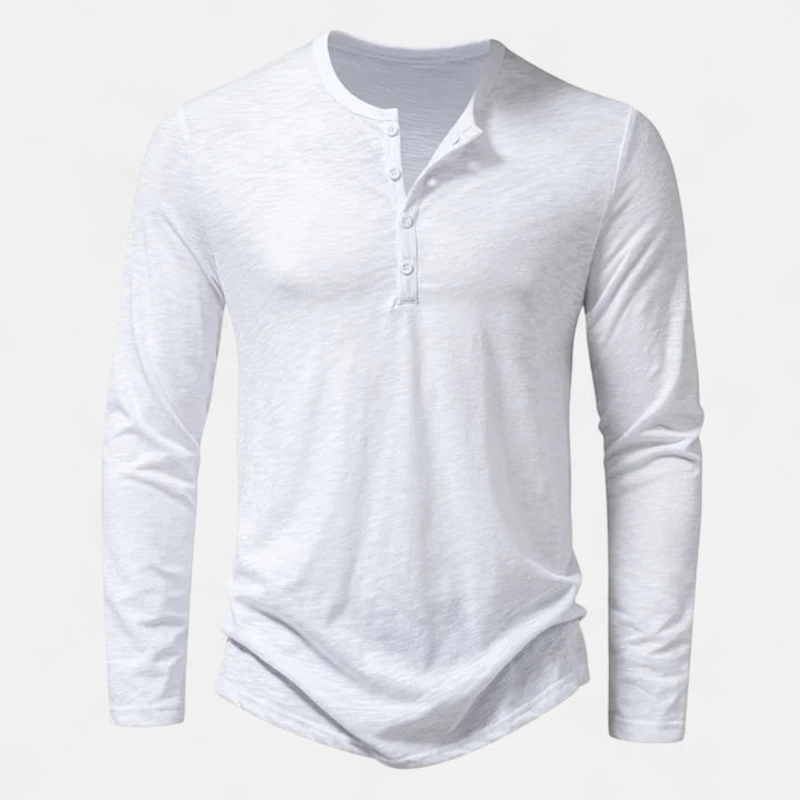 Men's long sleeve Henley shirt with band collar and button placket
