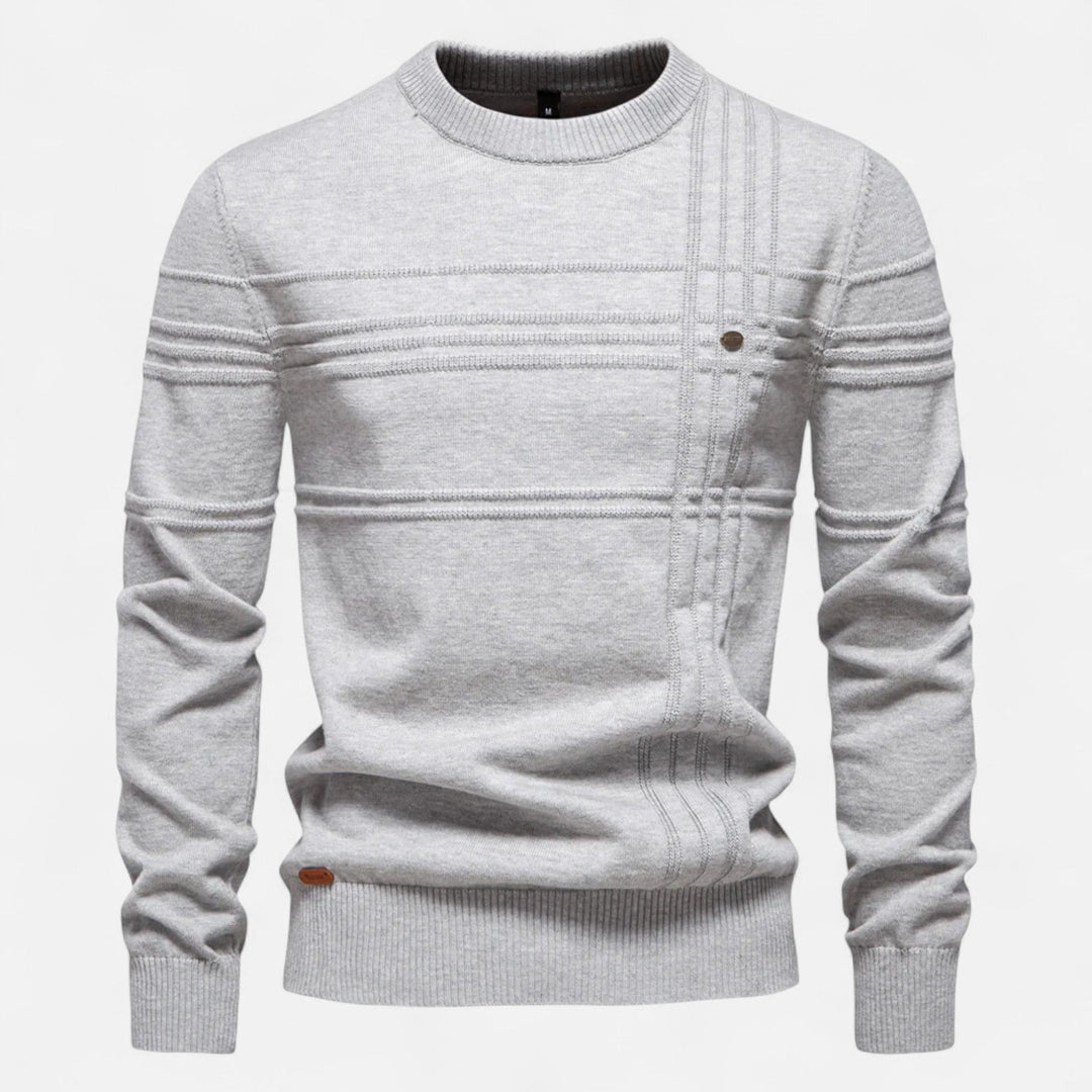 Men's striped crew neck sweater with long sleeves and ribbed trims