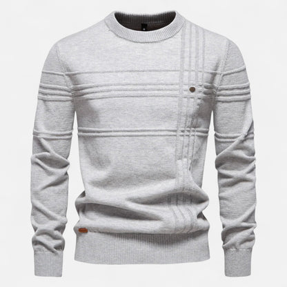 Men's striped crew neck sweater with long sleeves and ribbed trims