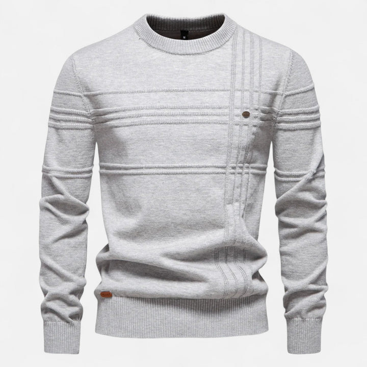 Men's striped crew neck sweater with long sleeves and ribbed trims