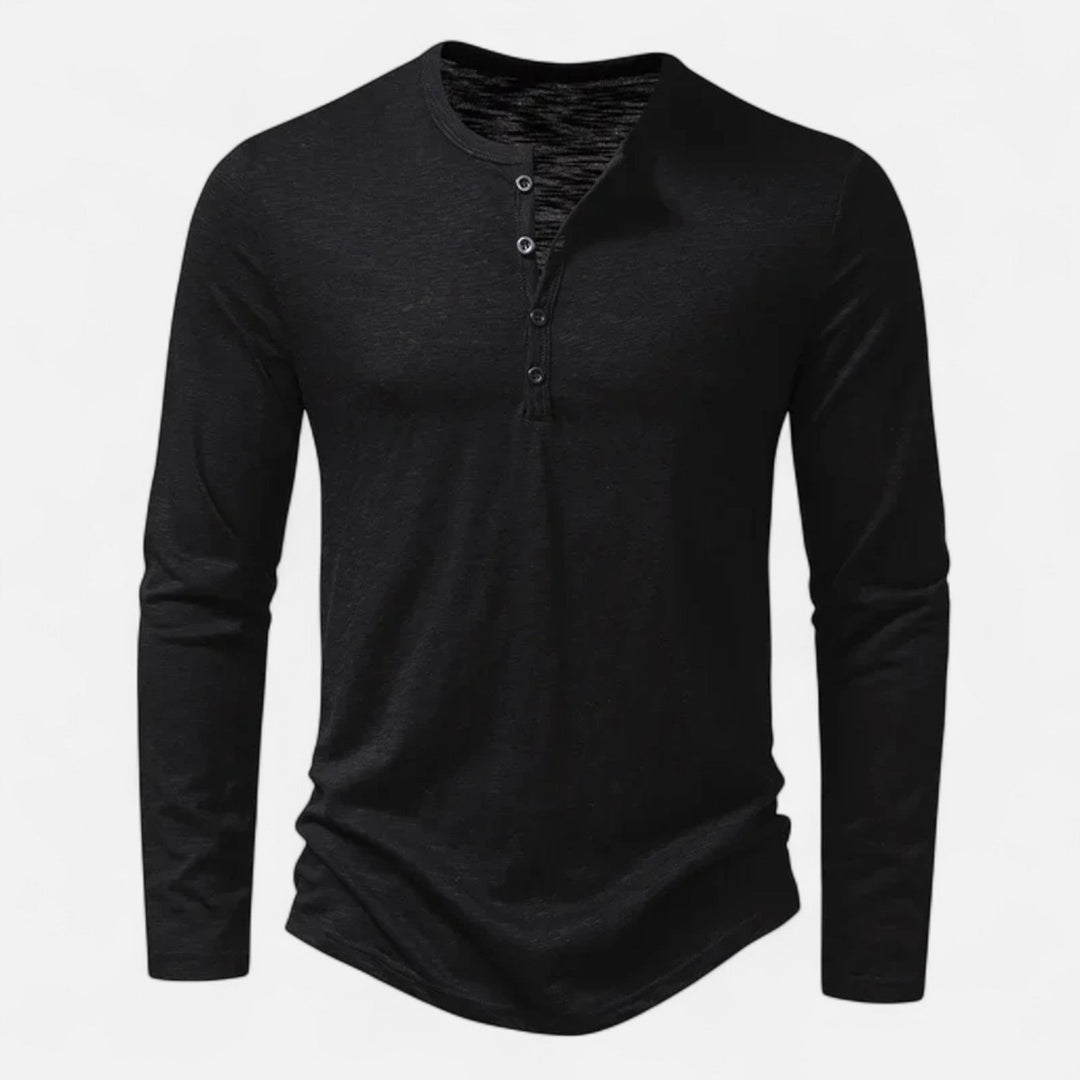 Men's long sleeve Henley shirt with band collar and button placket