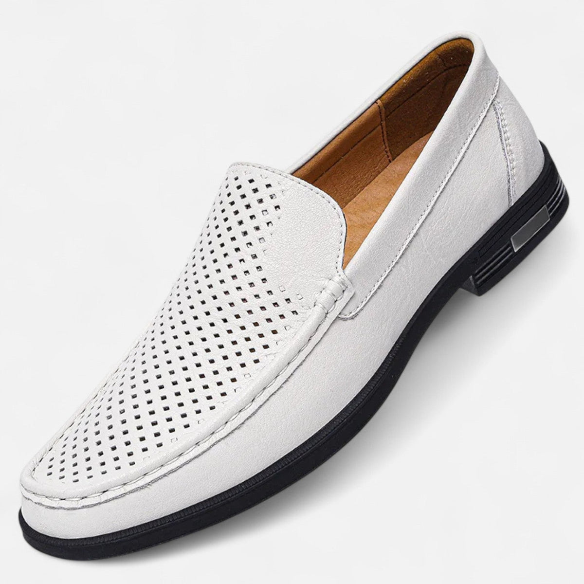Men's perforated slip-on loafer with moc toe stitching and low heel