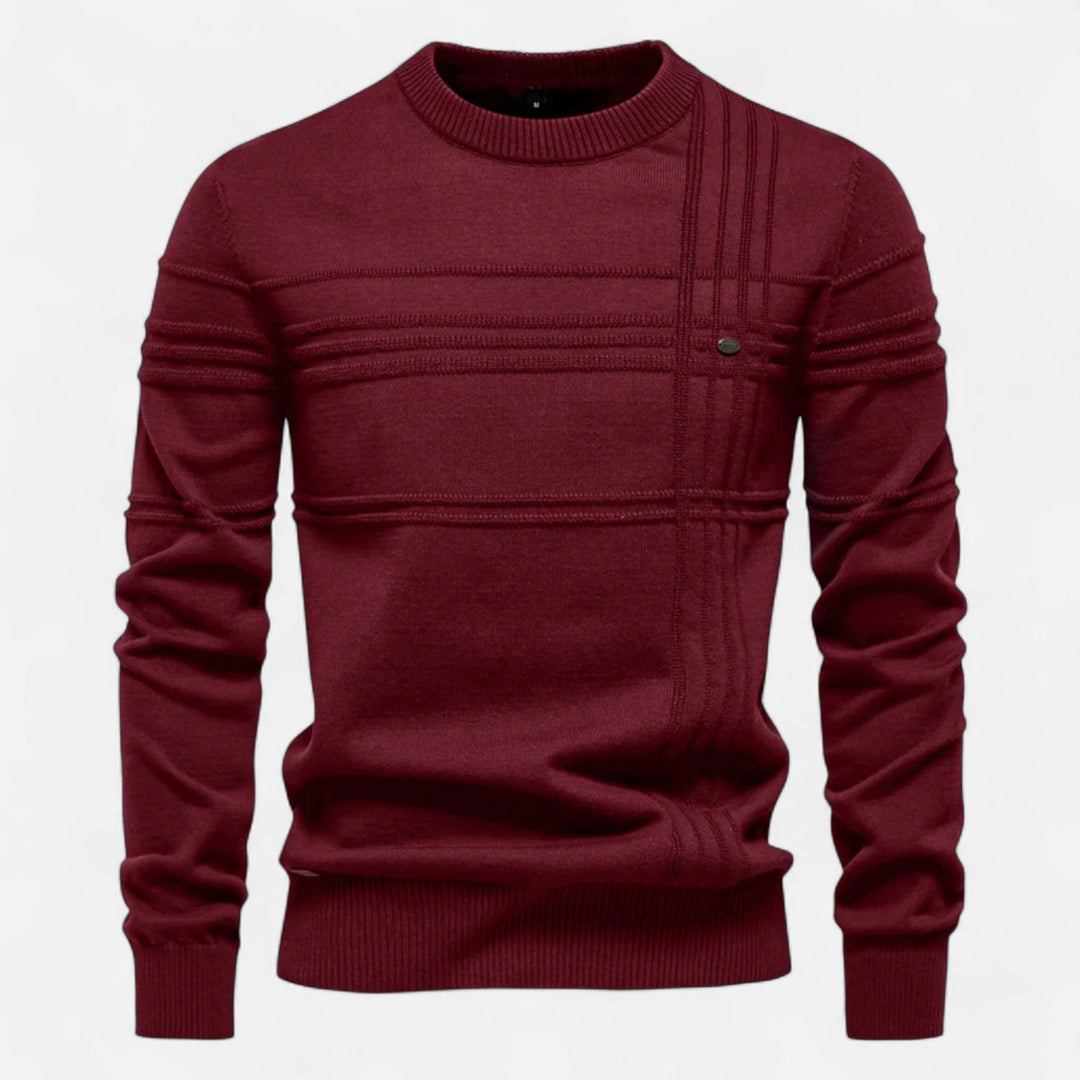 Men's striped crew neck sweater with long sleeves and ribbed trims