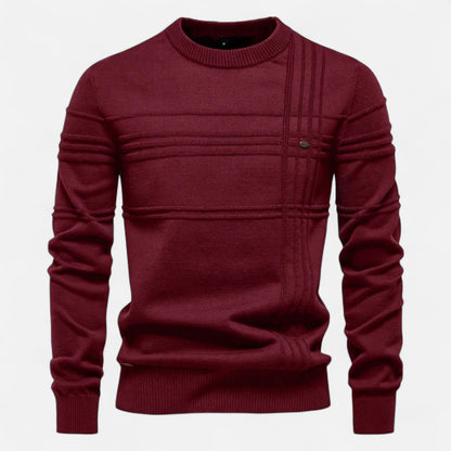 Men's striped crew neck sweater with long sleeves and ribbed trims
