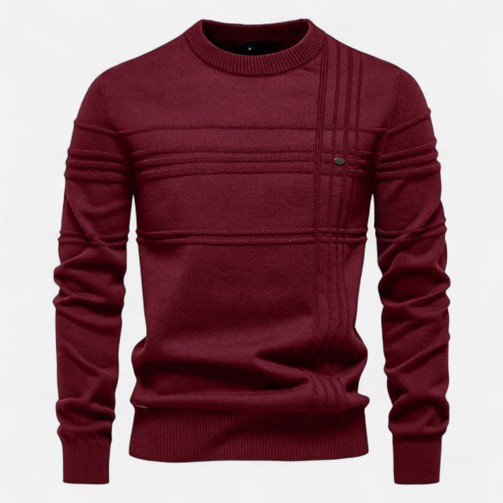 Men's striped crew neck sweater with long sleeves and ribbed trims