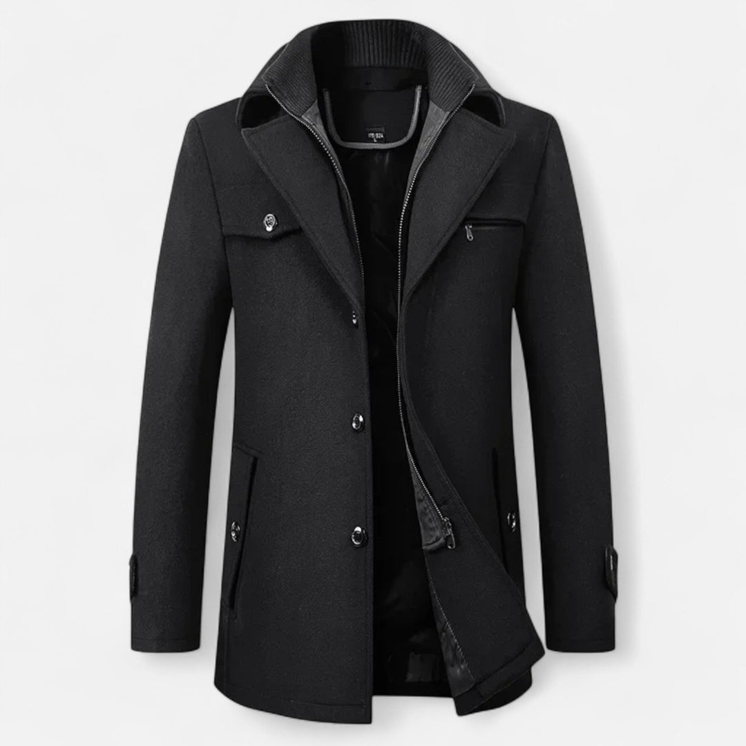 Men's mid-length coat with stand collar, double fastening and pockets