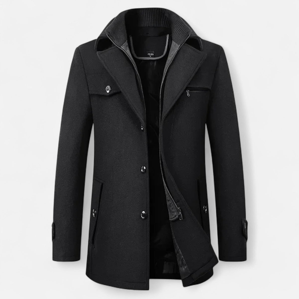 Men's mid-length coat with stand collar, double fastening and pockets