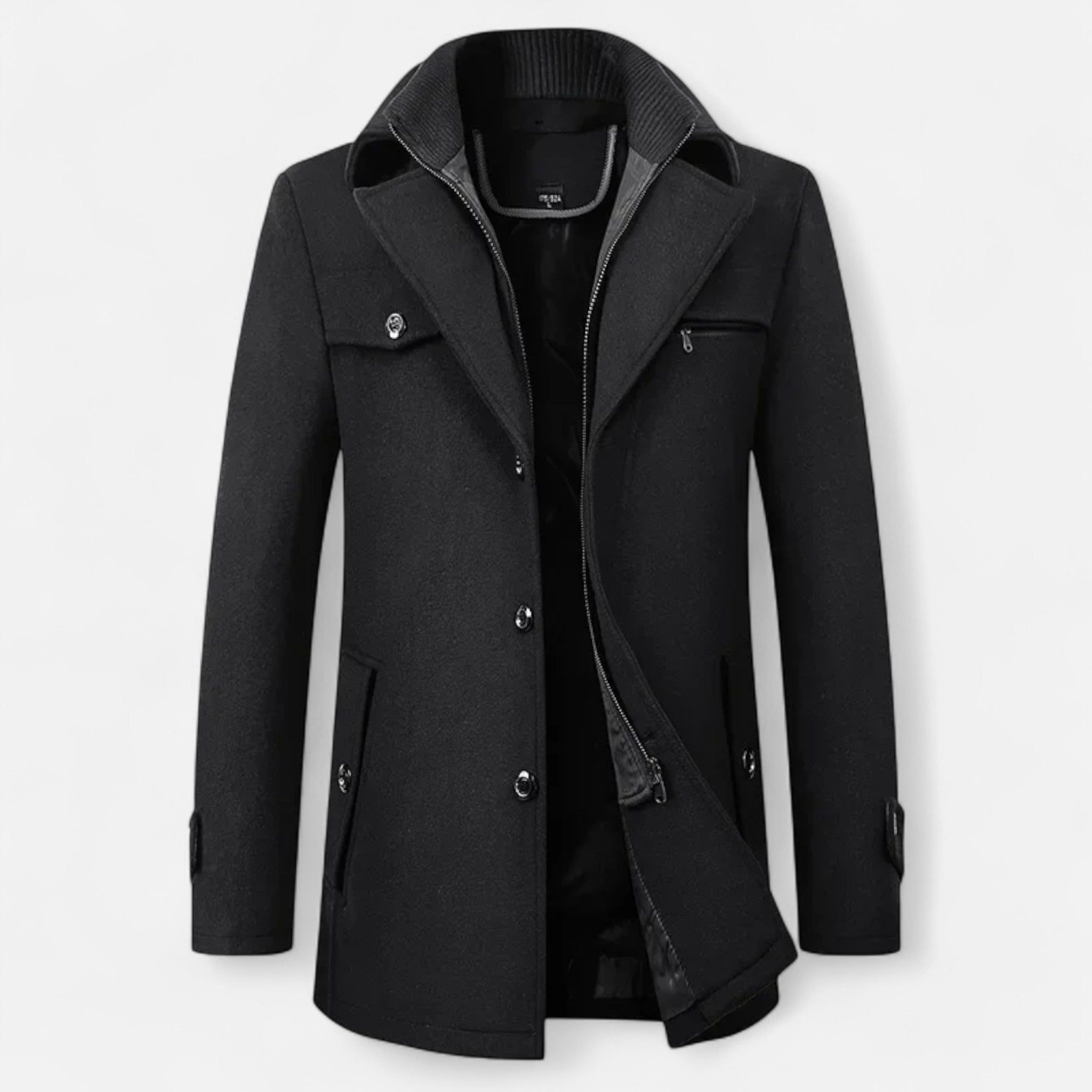 Men's mid-length coat with stand collar, double fastening and pockets