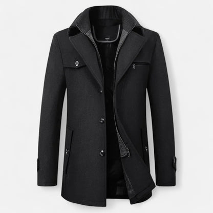 Men's mid-length coat with stand collar, double fastening and pockets