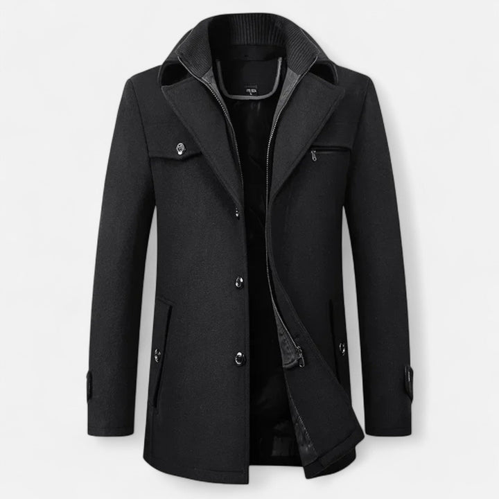 Men's mid-length coat with stand collar, double fastening and pockets