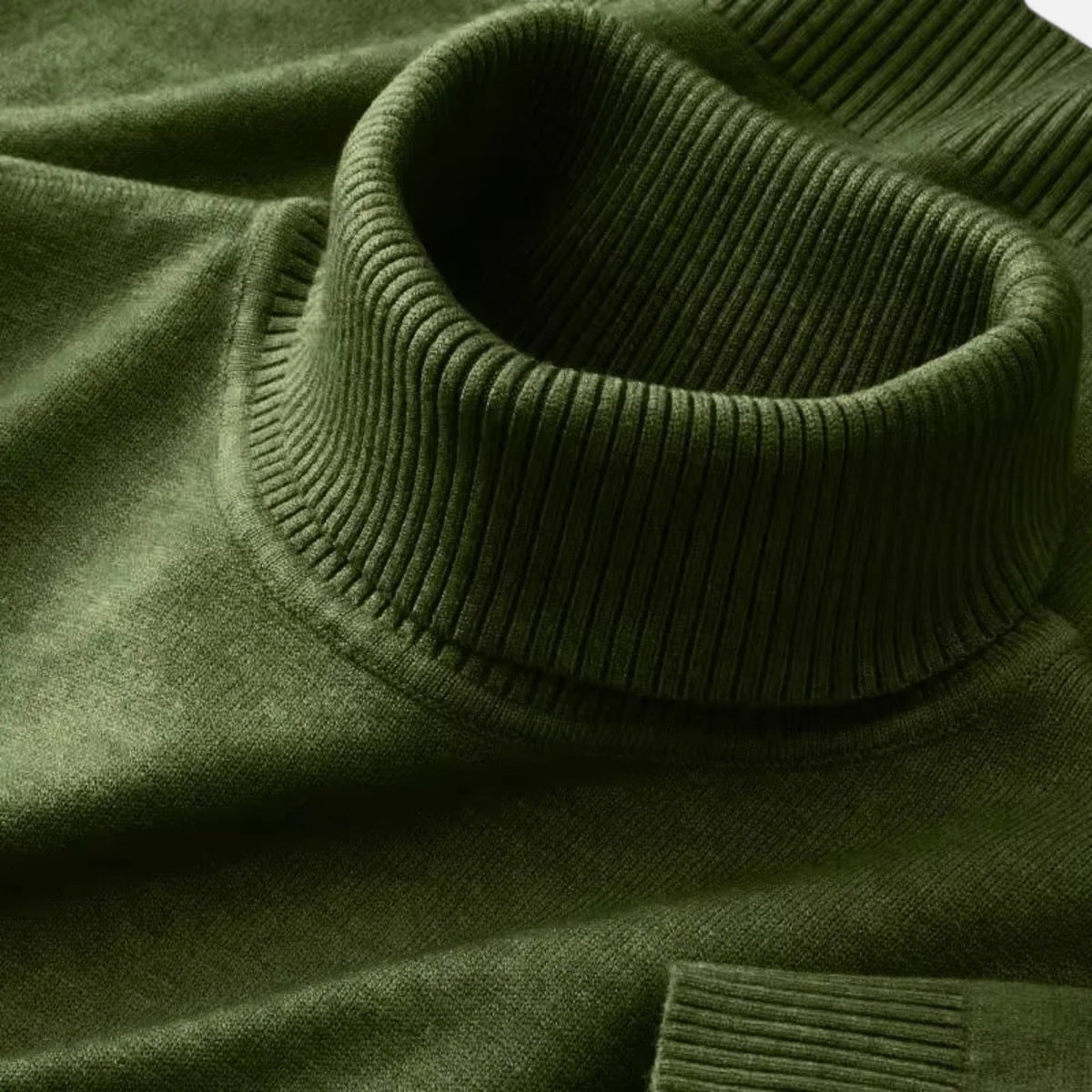 Close-up of a plain ribbed men's turtleneck jumper with matching cuffs