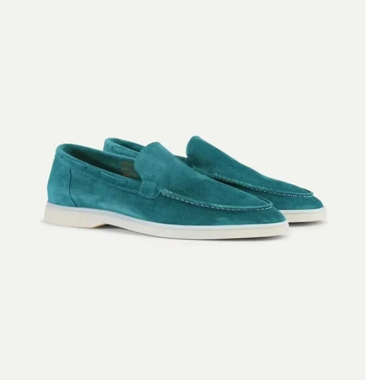 Men's suede-style yacht loafers with light soles